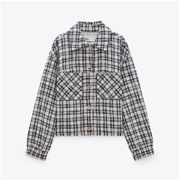 Zara Jackets & Blazers - ZARA Textured Cropped Plaid Tweed Shacket with Chest Pockets Size XS